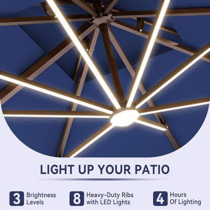 MEVBC 10 X 13 FT Cantilever Outdoor Patio Umbrella with LED Lights Large Heavy Duty 360° Rotation Double Top Offset Rectangular Umbrellas for Backyard Garden Pool Outside Deck, Navy