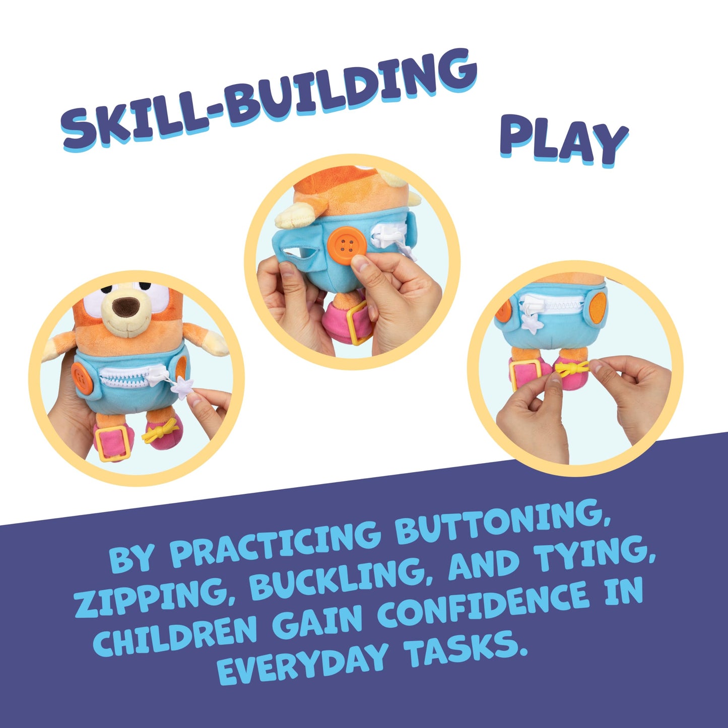 Dress & Play Baby Bingo Bluey Plush, Button, Zip, Buckle and Tie, Learn to Dress Dolls for Toddlers Ages 3+, Fine Motor Skills Baby Zipper Toy