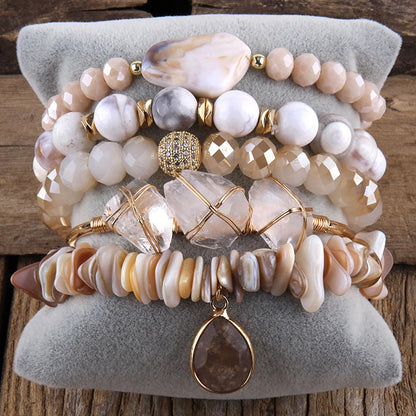Yomisa 5PCS Natural Boho Beaded Bracelets Bangle for Women,Healing Beige Agate Shell Crystal Gemstone Stone Diamond Chakra Multi Wrap Bohemian Handmade Jewelry Beads Stretch Bracelet Set for Womens
