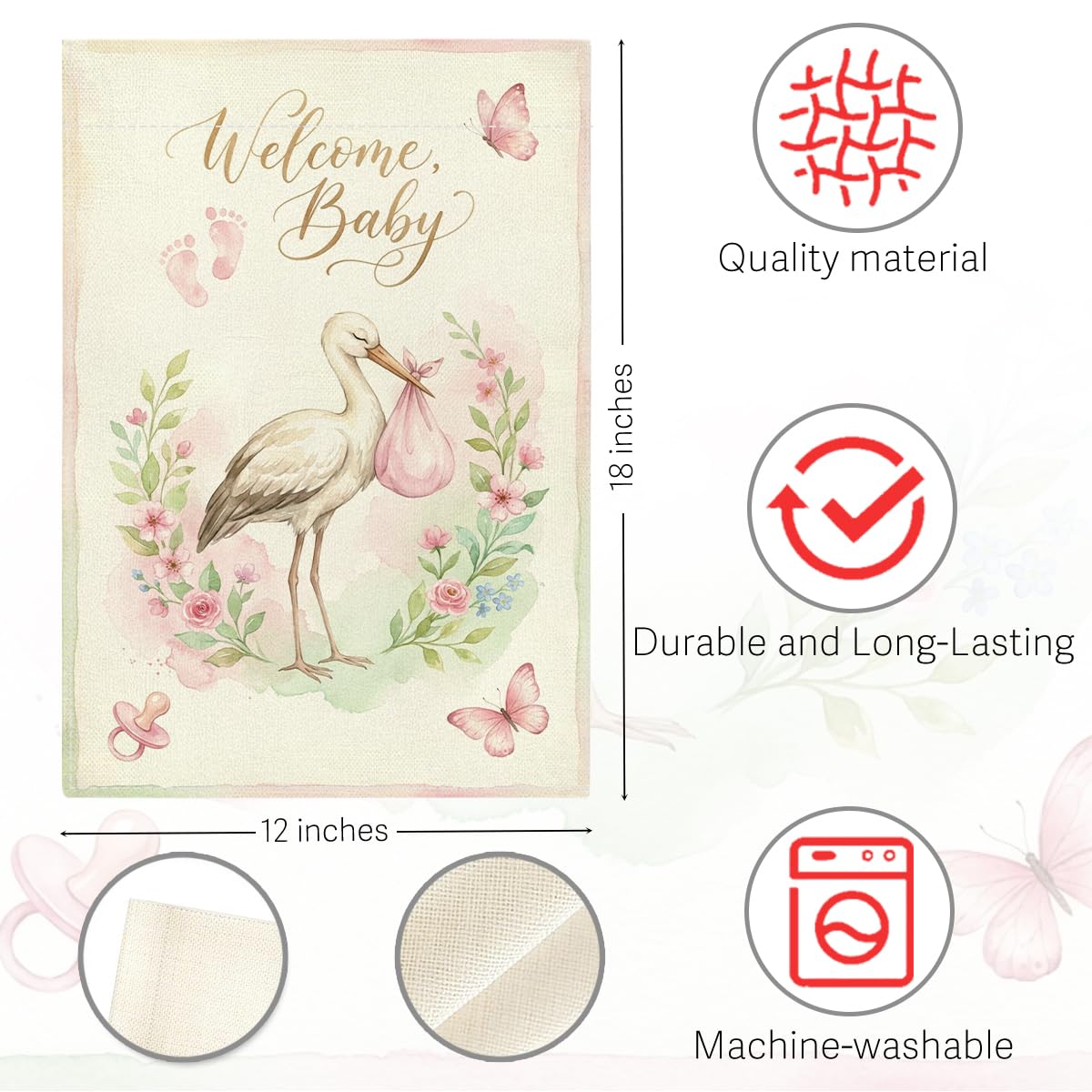 Welcome Home Baby Girl Garden Flag Pink Flroal Its A Girl Announcement Yard Decor Sign Small Double Sided Burlap Gender Reveal Newborn Baby Shower Garden Flag for Outside Yard 12 x 18 Inch