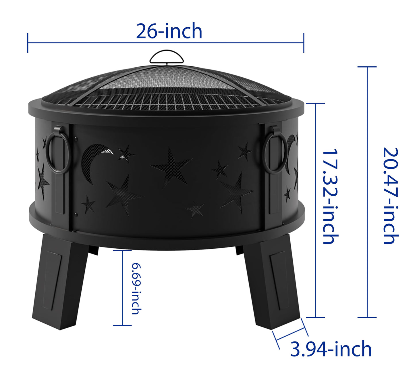 Kingson 26" Outdoor Fire Pit with Grill & Mesh Cover, Wood Burning Steel Firepit with Poker & Star Spark Screen, Heavy Duty Patio Fire Bowl for Backyard, Camping & Garden