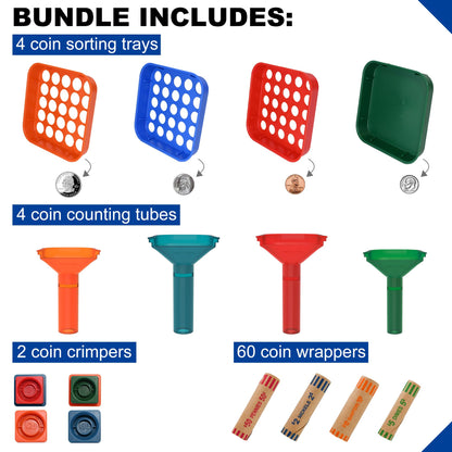 ESSENTIAL Coin Sorter Trays & Coin Counter Tubes, Coin Roller Crimping Tool with 60 Pcs Assorted Preformed Coin Wrapper Rolls