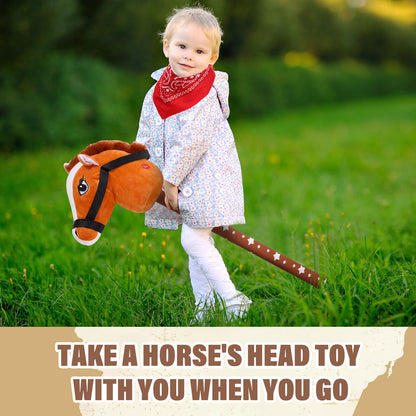 Poen 4 Pack Light Brown Horse Stick with Sound Red Bandana Set 27.6'' Toys Stick Horse Western Cowboy Bandana Head with Neighing Sound for Boys Girls Fun Pretend Games Son Daughter(Brown and Red)