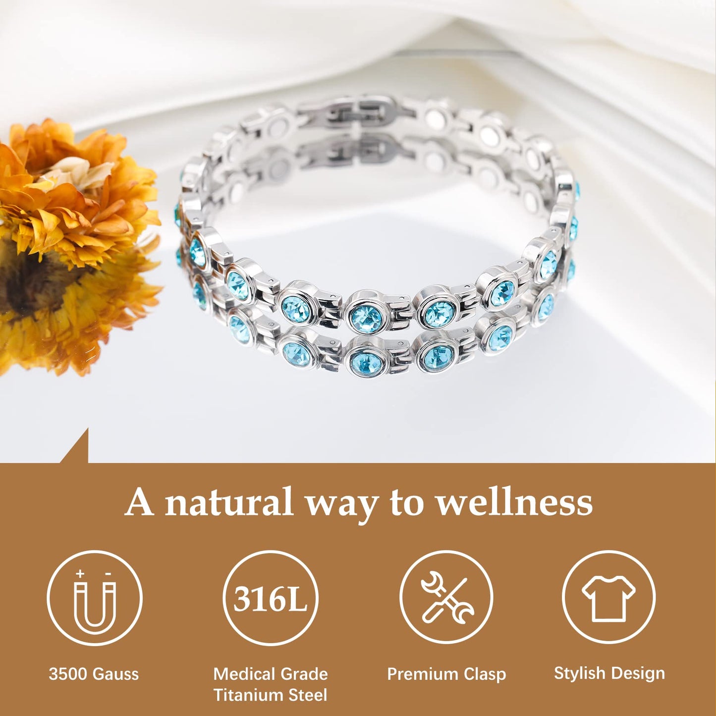Feraco Magnetic Bracelet for Women Titanium Steel Magnetic Bracelets with Gorgeous Sparkling Cubic Zirconia Costume Jewelry Gifts (Blue)