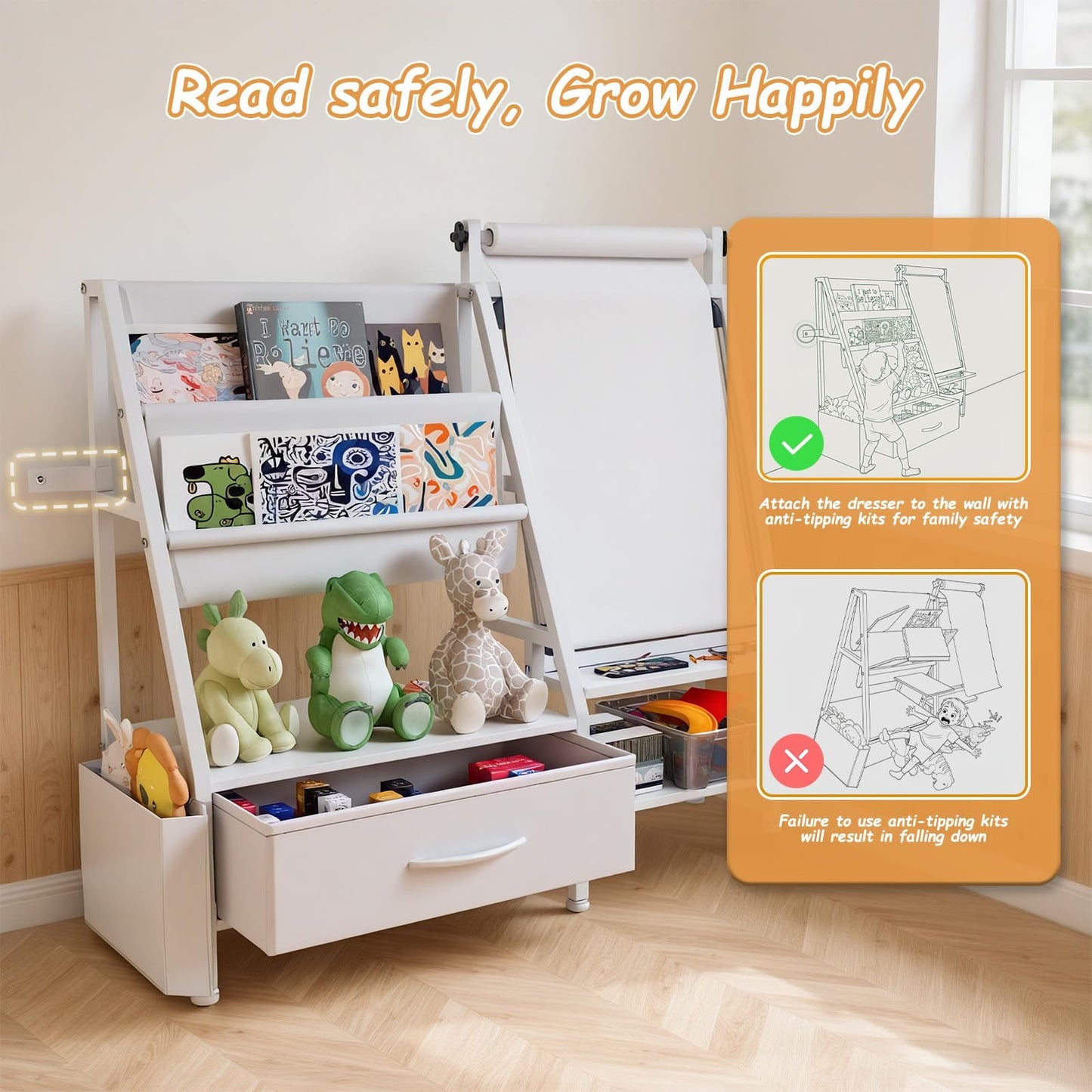 Faesun 4-in-1 Art Easel for Toddlers with Bookshelf and Toy Organizer, Kids Drawing Easel with Paper Roll & Magnetic Whiteboard, Birthday Gift for Ages 2–8, Boys & Girls