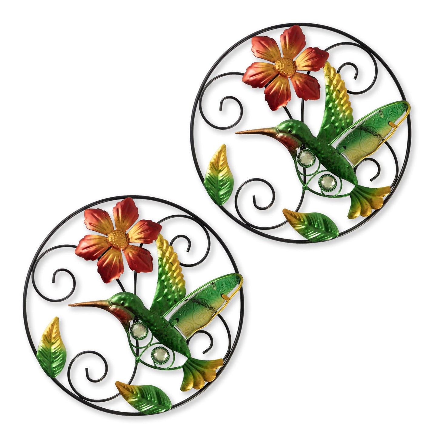 Jusimux Round Flower Wall Art Decor, 2 Pack, Metal and Glass, 9.5 Inch, Outdoor Hanging Decor for Patio, Bedroom, Garden (Hummingbird)
