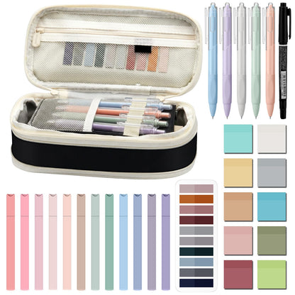 Jutom 39 Pcs Aesthetic Book Annotation Kit Highlighter with Pencil Case Bag Gel Pen Transparent Sticky Note Taking Bible Study College School Supplies(Black,Cute Style)