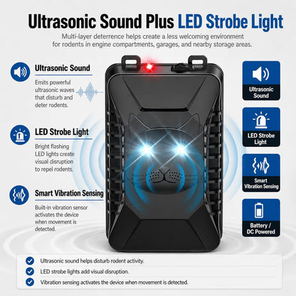 Rodent Repellent for Car Engine, Battery Powered Under Hood Ultrasonic Mouse Repellent with LED Strobe Light & Vibration Sensor, Protects Vehicle Wiring for Cars, Trucks, SUVs, RVs, Garage Use