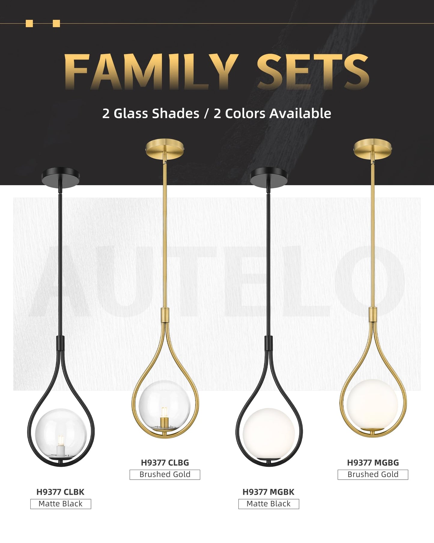 AUTELO 2 Pack Gold Pendant Lights, Hanging Lamp in Brushed Gold Finish with Clear Globe Glass, Mid Century Pendant Lights Kitchen Island with Adjustable Rods for Kitchen H9377 CLBG-2PK