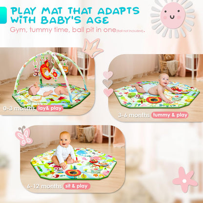 lulunemo Baby Play Mat,Tummy Time Mat with 6 Detachable Toys-Activity Gym for Visual, Auditory & Motor Development-Washable Baby Activity Mat for 0-12 Month Infants(Animal Theme)
