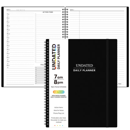 Daily Planner Undated - Spiral Appointment Planners, 208 Pages, 8.8" x 11", Daily Planner with Hourly Schedules, Appointment Book for Man/Women, Inner Pocket, Elastic Closure