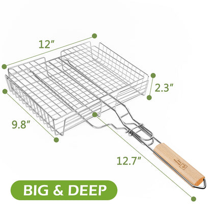 DOUBLE TWO - Stainless Steel Grill Basket, Grilling Baskets for Outdoor Grill, for Meat, Fish, Vegetable, BBQ Accessory, With Height Adjustable Cover & Detachable Handle, Easy to use, 1Pcs