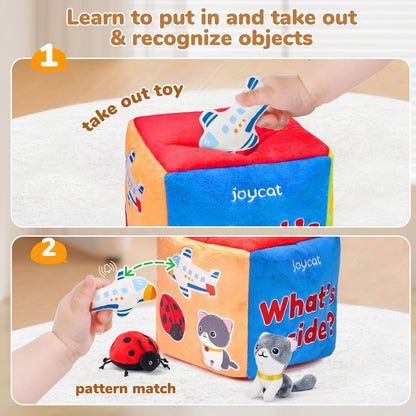 JoyCat Baby Toys 6-12 Months - Mystery Soft Box with 10 Sensory Objects, Rattle, Crinkle Paper, Mirror - What's Inside Box Infant Gifts, Soft Busy Toys 1-2 - Baby Easter Basket Stuffers Gifts