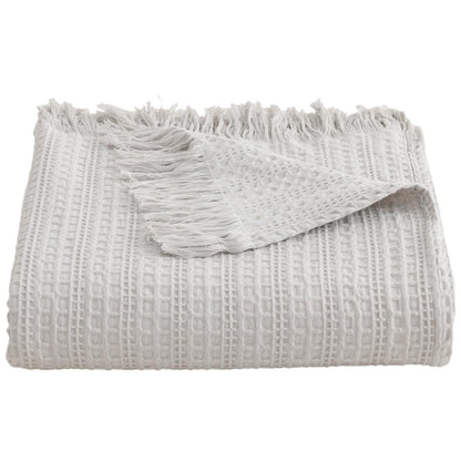 100% Cotton Waffle Blanket with Fringe, Pre-Washed Waffle Weave Blanket for All Season, Lightweight Breathable Soft Cozy Throw Blanket for Couch, Bed, Travel (Light Grey - 50x60 Inches)