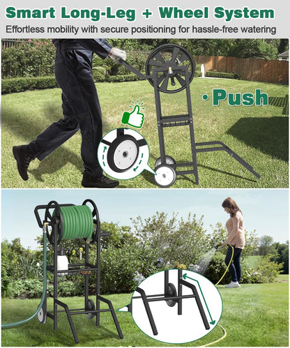 Artigarden Hose Reel Cart with 2 Wheels, Garden Water Hose Holder Heavy Duty Powder Coated Steel Outdoor Winder Storage Holds 125 ft 5/8" Hoses with Basket and 3.9ft Leader Hose for Backyard, Black
