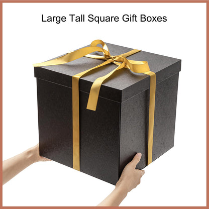 Mefleet Large Gift Box with Lid for Presents 12x12x12 Inches Extra Big Deep Square Black Boxes 1 Pack for Christmas, Birthday, Valentine's Day, Mother's Day - Contains Crinkle Paper, Ribbon and Card