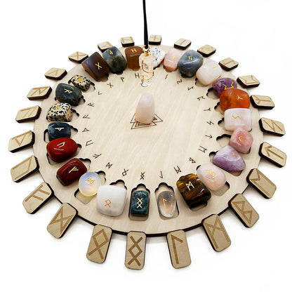 Rune Stone Set, Wooden Disc with Eternal Life Inscription and Mixed Color Crystal Rune Set for Meditation and Witchcraft Healing, Chakra Balancing for Beginners (Mixed Color Rune Set)