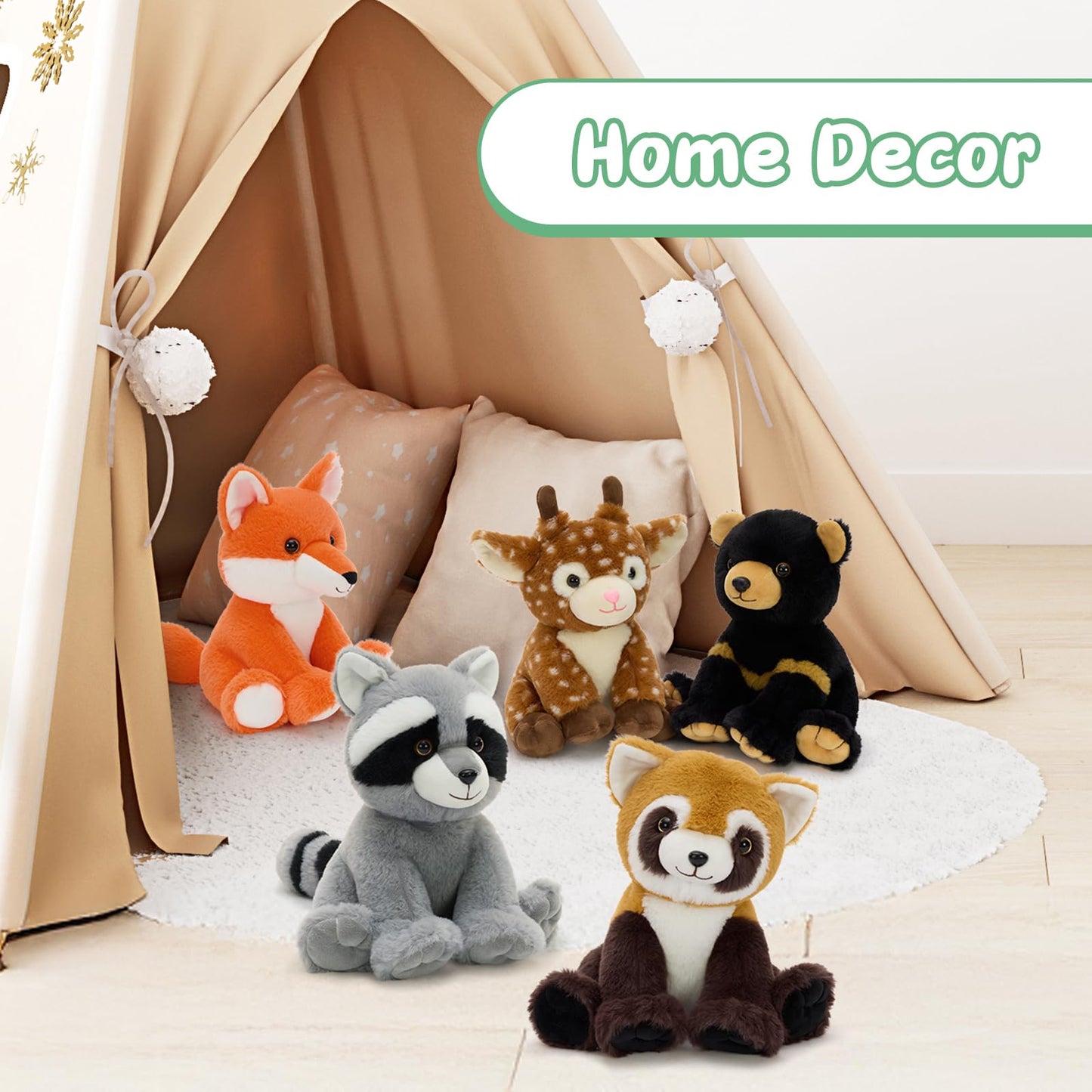 MaoGoLan 5 Pcs Woodland Animals Bulk Stuffed Woodland Toys Baby Shower Party Decorations, 8'' Grizzly Bear Deer Fox Raccoon Red Panda Forest Party Favors Gifts Mother's Day