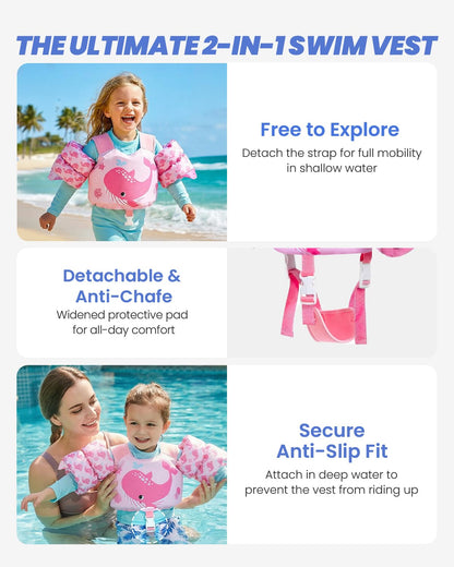 Gogokids 2-in-1 Toddler Swim Vest Pool Floaties for Kids[CPC Certified & Remove Crotch Strap]Puddle Float Jumper 24-66 Pounds, Toddler Arm Floaties Swim Jacket Water Wings for kids Boys Girls Swimmies