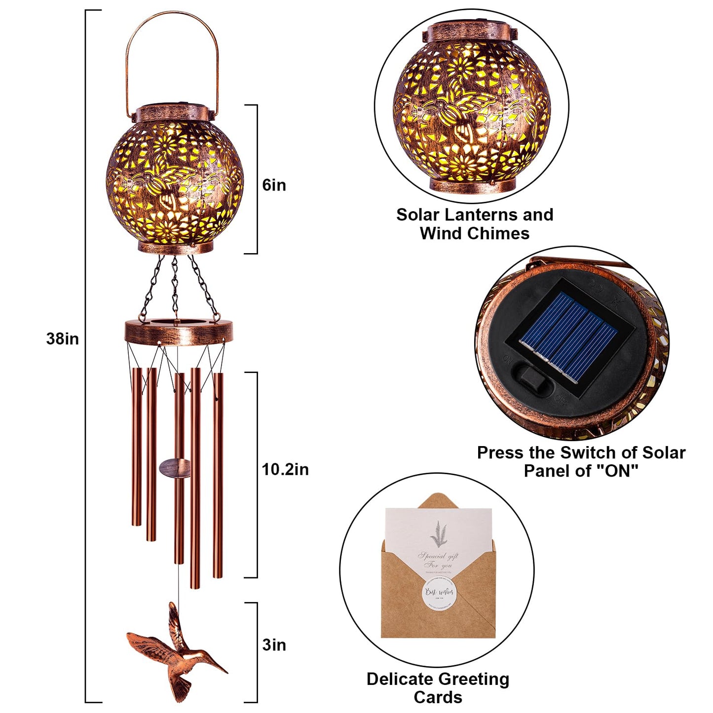 Wind Chimes for Outside, Windchimes Outdoors Hummingbird Gifts for Mom Women Grandma, Hanging Solar Lantern Solar Wind Chimes for Outside Patio Yard Garden Decor