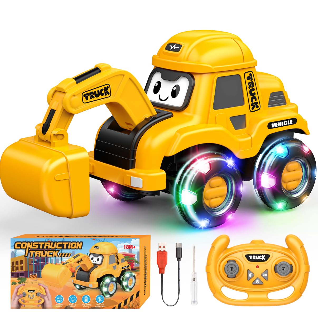 Toyjolka Toddler Remote Control Car with Flashing Light Wheels for 2 3 4 5 6 Year Old Boys Girls, USB Rechargeable Construction Excavator Toy for Toddlers 2-6 Great Birthday Gift Idea for Kids