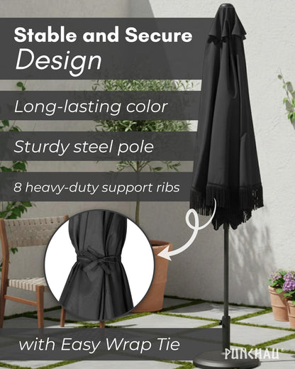 Punchau 6 Ft Black Fringe Patio Umbrella - Outdoor Umbrella for Patio, Pool, Table, Garden, & Deck, Push Button Tilt Pole - Fashionable Vintage Tassels - Black