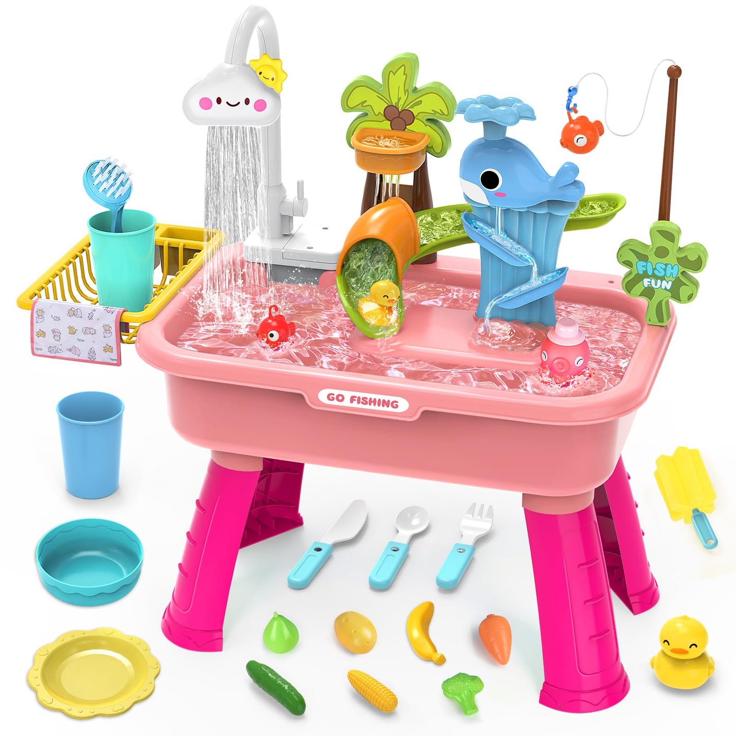 Water Table for Toddlers 1-3，Water Table with Pump，Role Play Sensory Toys，Toy Kitchen Sets for Kids Ages 4-8, Play Sink with Running Water & Electric Faucet，Outdoor Toys for Toddlers 1-3(Pink)