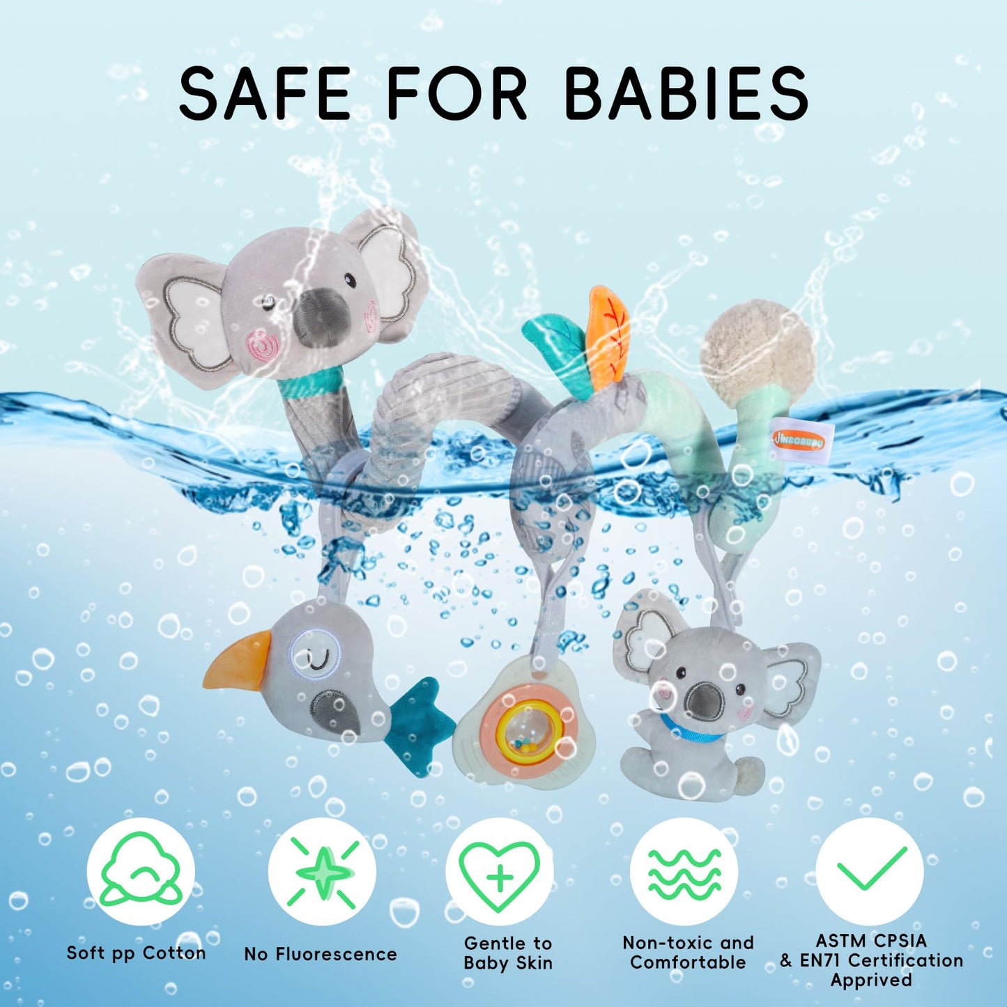 JINBOBUBU Baby Spiral Car Seat Toy, Stroller Hanging Sensory Toy for Newborn 0-12 Months, Soft Plush with Rattle Crinkle Teether, Koala Bird Activity Toy for Infant Boys Girls