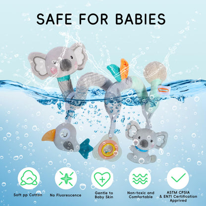 JINBOBUBU Baby Spiral Car Seat Toy, Stroller Hanging Sensory Toy for Newborn 0-12 Months, Soft Plush with Rattle Crinkle Teether, Koala Bird Activity Toy for Infant Boys Girls