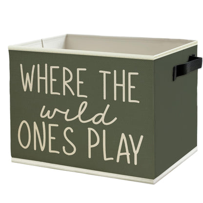 WULQYING Olive Green Boho Classroom Storage Bins Box with Handles, Where the Wild Ones Play Collapsible Basket Organizer for Kids Playroom Nursery Bedroom Bathroom Toys Books Clothes
