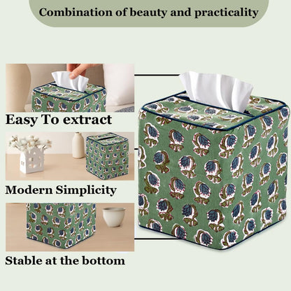 Ridhi Basil Green Block Print Tissue Box Cover Handmade Cotton Fabric Decorative Square Napkin Holder for Home Bedroom Living Room Bathroom Vanity Countertop Car Night Stands Office Kitchen