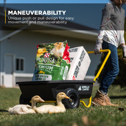 Gorilla Carts GCR-4 Poly Dump Cart, 2-Wheel Garden Wagon with Foldable Handle, 4 cu ft, 300 lb. Capacity, Black/Yellow