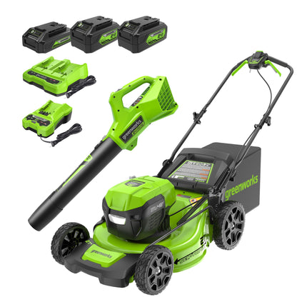 Greenworks 48V (24V x 2) 21" Cordless Battery Self-Propelled Mower & 320 CFM Blower Combo Kit w/ (2) 5.0Ah USB Batteries, (1) 2.0Ah Batter & Chargers