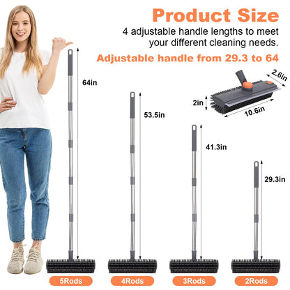 Floor Scrub Brush with 64" Long Handle - 360° Swivel Heads Household Push Brush with Squeegee and Right Angled Bristle for Cleaning Concrete Floors Grout Gardens Patio Deck Concrete Garage Heavy Duty