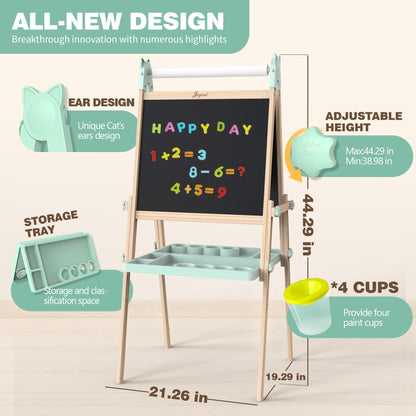JOYOOSS Easel for Kids Ages 4-8 Easels for Toddlers Art Kids Easel Age 8-12 Wooden Drawing Easels Double-Sided Magnetic Whiteboard Chalkboard with Paper Roll for Kid Dry Erase Board Green