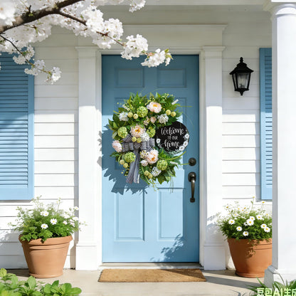 Spring Summer Wreaths for Front Door, Half Circle Summer Wreath with Hydrangea & Peony, Striped Bow & Welcome Sign – 24 Inch Indoor/Outdoor Seasonal, Housewarming & Festive Spring Door Wreath Decor