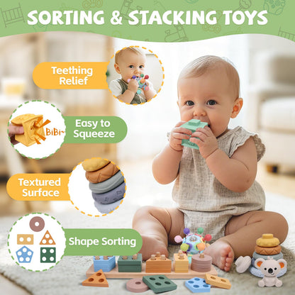 YHHYTOY 6-in-1 Montessori Baby Toys 0-6 6-12 Months, Infant Teething Toys Soft Stacking Blocks Rings Shape Sorter Sensory Fidget Spinners for Toddler 1-3, First Baby Gift Set for 6 Month Old Girl Boy