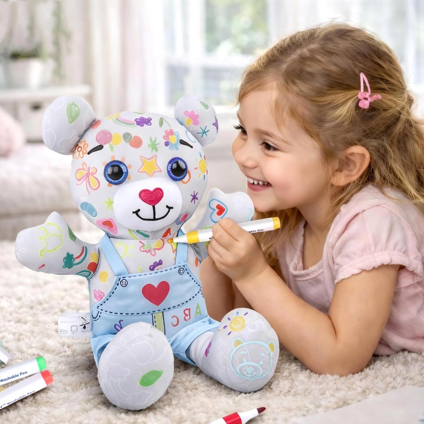DRAWMYTOY DIY Coloring Plush Toy with Washable Markers, Scribble Pets Stuffed Animal, Doodle Dolls Art Toy for Boys and Girls Ages 3-8, Birthday Gift (Blue Bear Set)