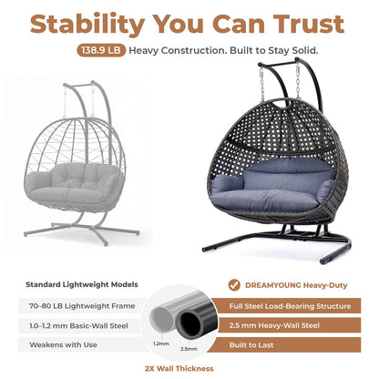 DREAM YOUNG 2 Person Egg Chair with Stand, Oversized Wicker Hanging Loveseat, Heavy-Duty Steel Frame, Extra-Thick Cushion, Rain Cover Included, All-Weather Indoor Outdoor Patio Swing Chair, Dark Grey