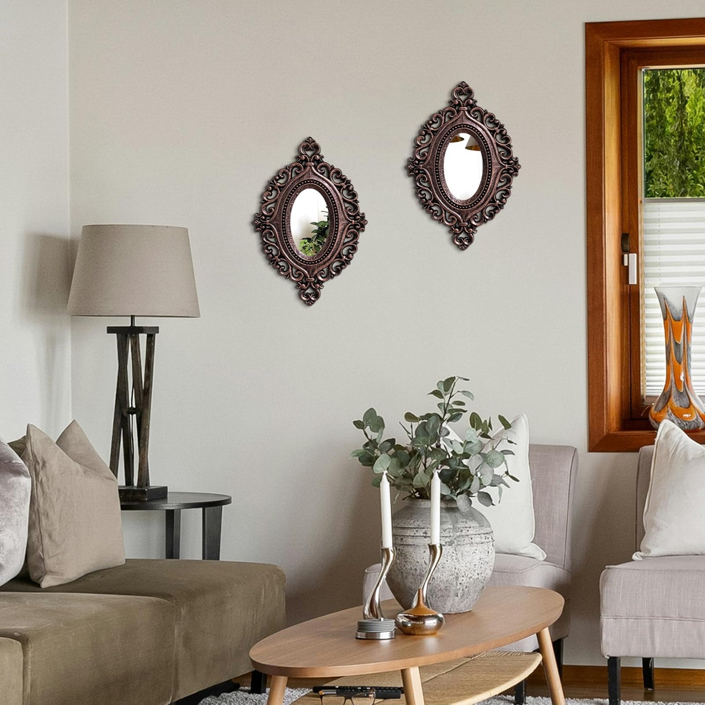 Cityelf 2 Set Oval Wood Carved Wall Mirror Baroque 3D Relief Rustic Home Decor Small Decorative Hanging Mirrors for Living Room, Bedroom Entrance Wall Sculpture