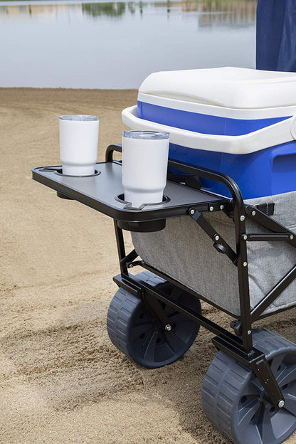 MacSports All Terrain Beach Wagon with Side Table|Heavy Duty Collapsible Folding Cart with Large Wheels for Beach Day, Picnic, Camping,Outdoor Activities | Light Gray
