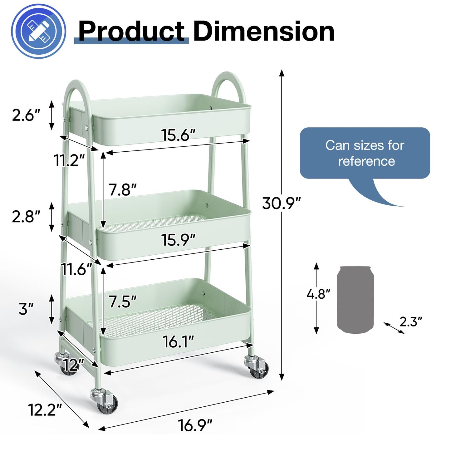 OLIXIS Metal 3 Tiers Utility Rolling Cart with Lockable Caster Wheels, Mobile Storage Shelf, Organization for Livingroom, Bathroom & Narrow Places, Pale Green
