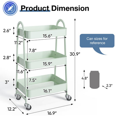 OLIXIS Metal 3 Tiers Utility Rolling Cart with Lockable Caster Wheels, Mobile Storage Shelf, Organization for Livingroom, Bathroom & Narrow Places, Pale Green