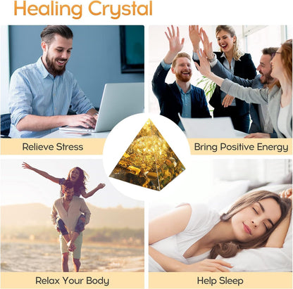Tree of Life Orgone Pyramid Citrine with Tiger Eyes Positive Energy Healing Crystals Pyramid for Reduce Stress Chakra Reiki Meditation Attracts Lucky and Success