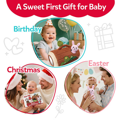 CuteZone Baby Toys 6-12 Months, Stuffed Animals for Babies, Soft Plush Forest Sensory Toy Set with Rattle, Crinkle, Mirror and Tree Stump Storage, Cause and Effect Baby Boy Girl Gifts