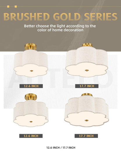 AUTELO 12.6 Inch Semi Flush Mount Ceiling Light,3-Light Brushed Gold Modern Ceiling Light with Flower-Shaped White Fabric, Kitchen Ceiling Light for Bedroom Hallway, C2507 BGS-8