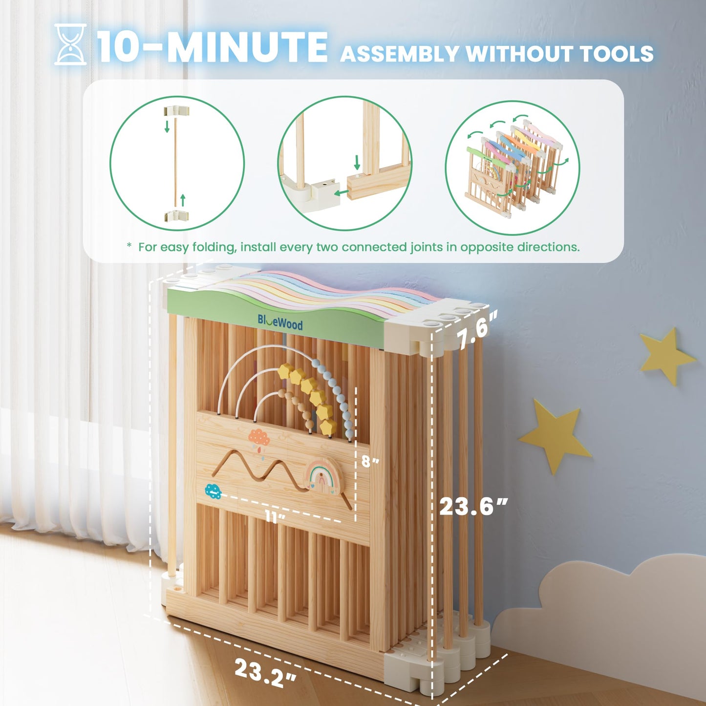 Foldable Wooden Baby Playpen - Adjustable Wood Play Yard, Indoor Large Safety Fence for Babies and Toddlers - Built-in Toys Design, 45 x 45 x 24 inches, Colorful Dream