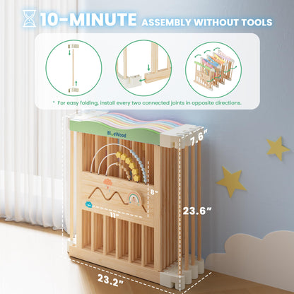 Foldable Wooden Baby Playpen - Adjustable Wood Play Yard, Indoor Large Safety Fence for Babies and Toddlers - Built-in Toys Design, 45 x 45 x 24 inches, Colorful Dream