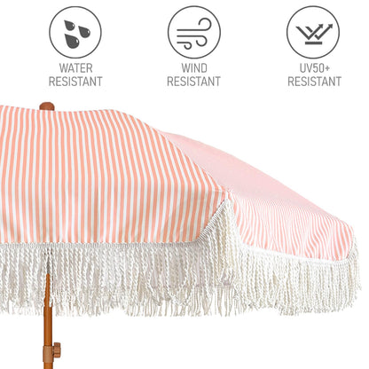 AMMSUN 7ft Patio Umbrella with Fringe Outdoor Tassel Umbrella UPF50+ Premium Steel Pole and Ribs Push Button Tilt, Pink Stripe