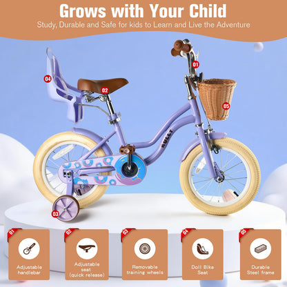 RULLY 16 Inch Kids Bike for Girls, Children’s Bicycle with Training Wheels, Basket & Doll Seat, Adjustable Seat Height, Toddler Bike for Ages 4–7 – Purple